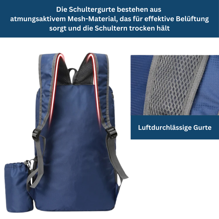 Unisex compact travel backpack, side view revealing bottle pocket and adjustable straps