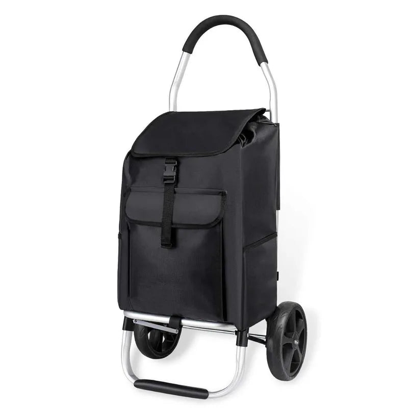 Compact foldable aluminum shopping cart, lightweight & portable for groceries and errands.