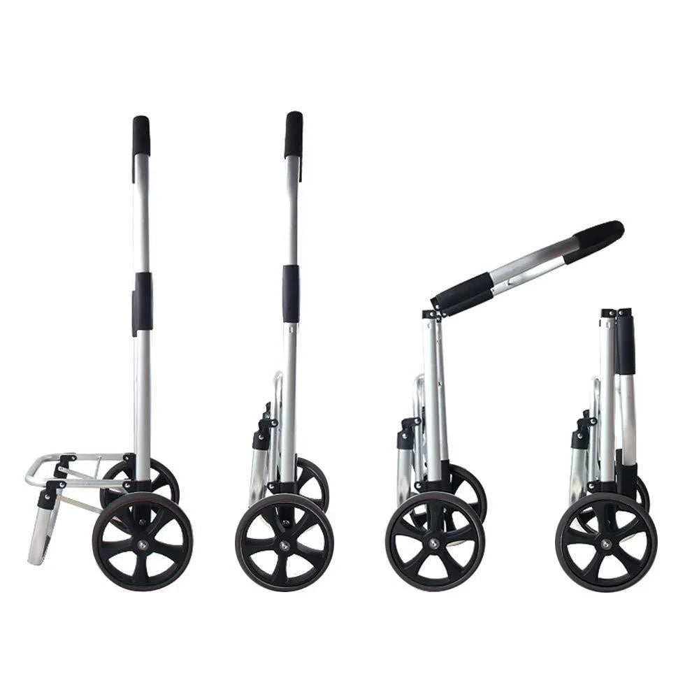 Unisex compact aluminum shopping trolley with smooth wheels for easy transport of heavy items.