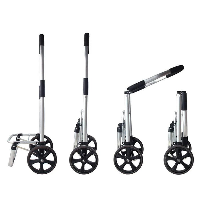 Unisex compact aluminum shopping trolley with smooth wheels for easy transport of heavy items.