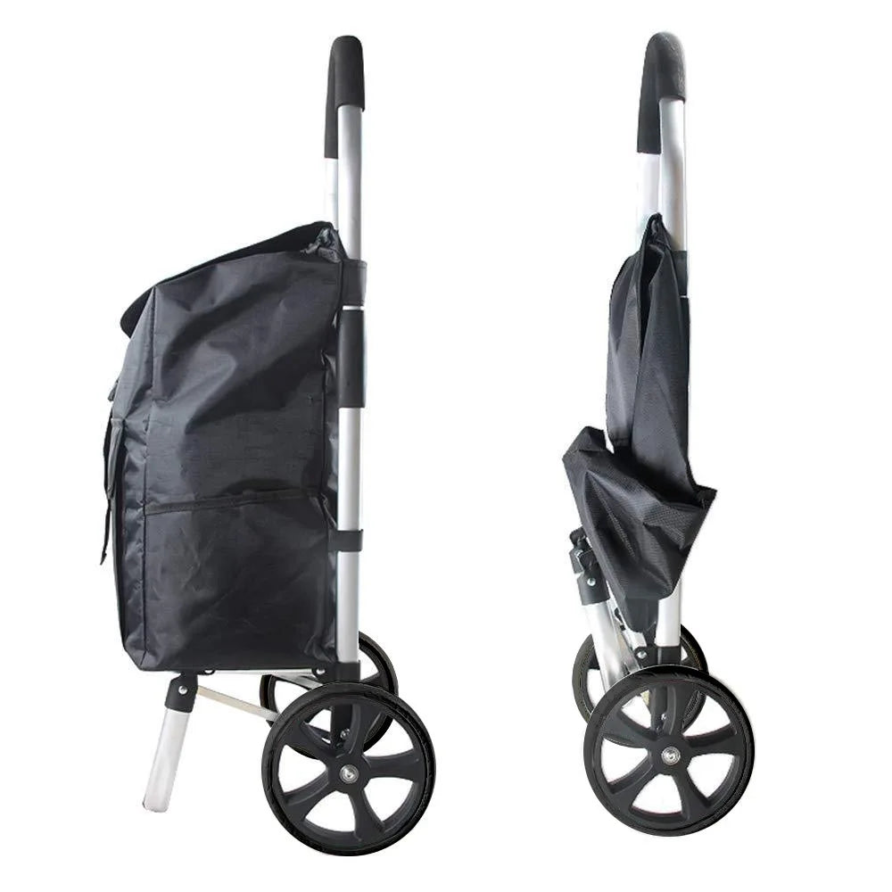 Versatile foldable aluminum utility cart, ideal for market trips, laundry, and home organization.