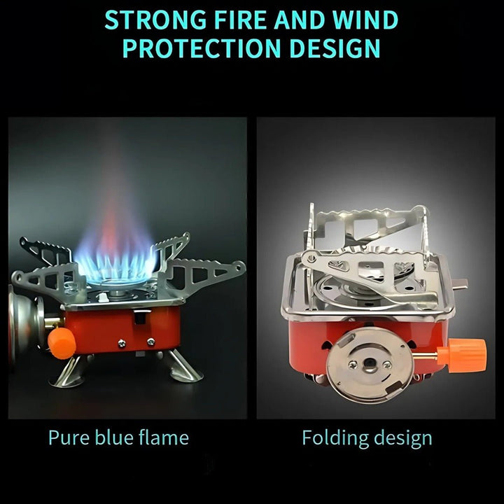 Camping gas stove with a small pot, demonstrating its use for outdoor cooking, portable and efficient