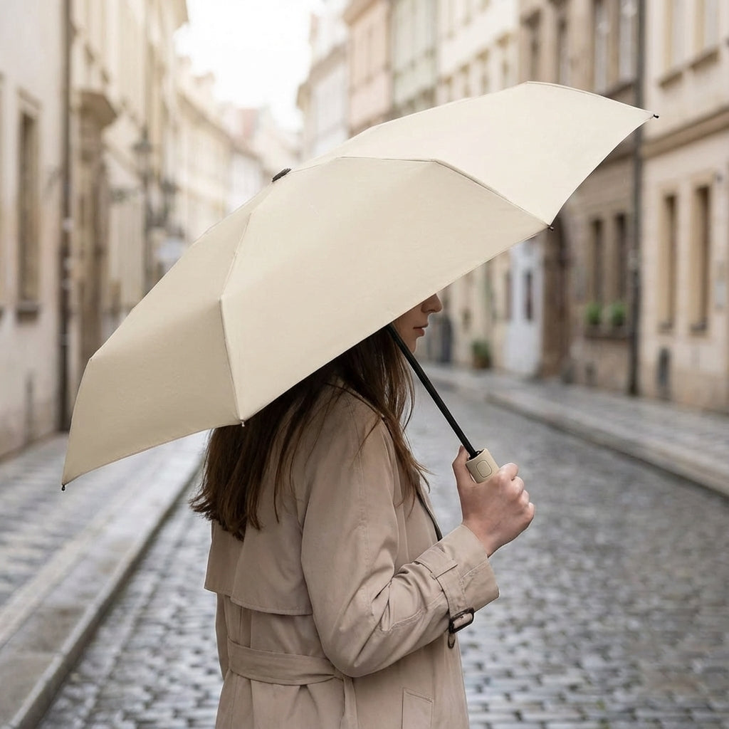 Compact, foldable travel umbrella, lightweight & portable for easy carrying.