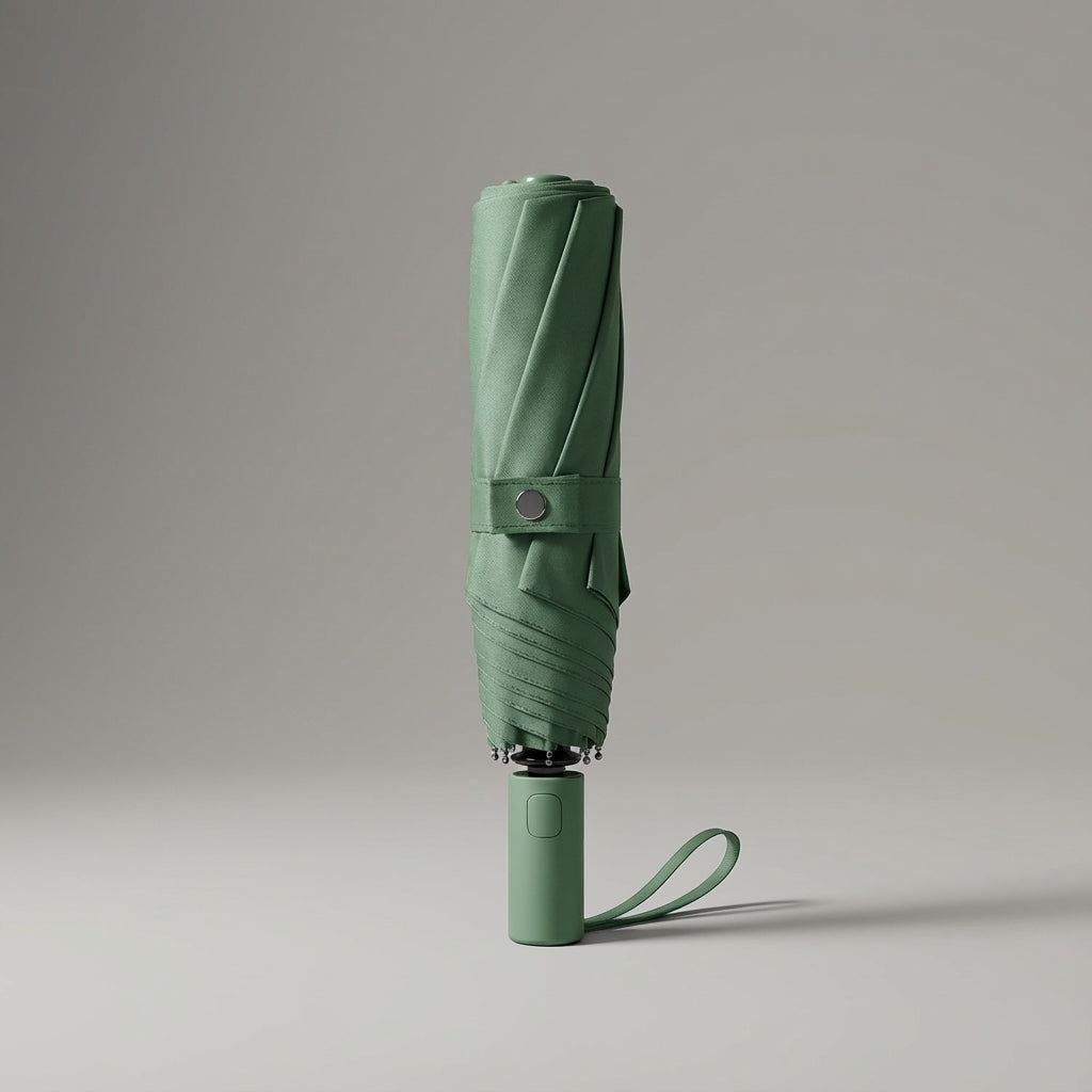 Small, compact travel umbrella folded, showing its lightweight design for bags.