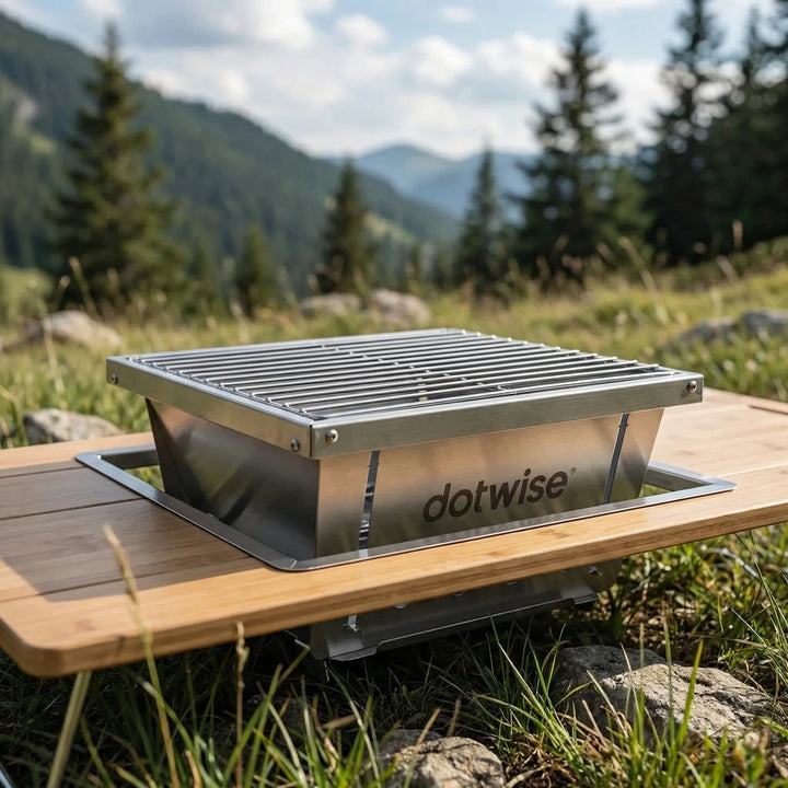 Compact folding BBQ grill, perfect for camping, tailgating, and outdoor cooking with charcoal or firewood.