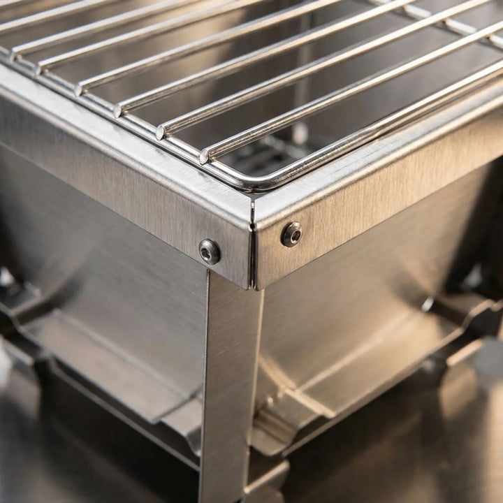 Durable folding camping grill for outdoor BBQ, charcoal or firewood cooking, compact and travel-friendly.