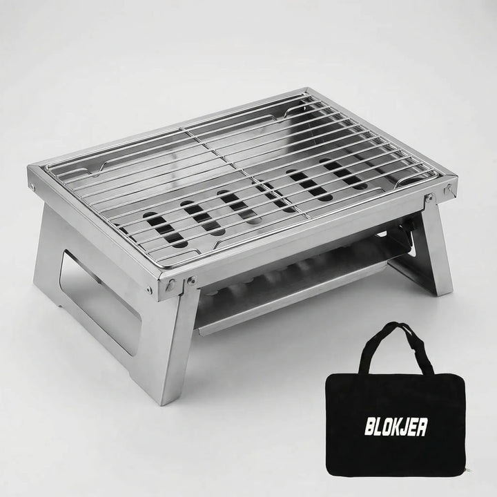 Lightweight portable grill, transforms into a compact BBQ for camping trips and outdoor adventures.