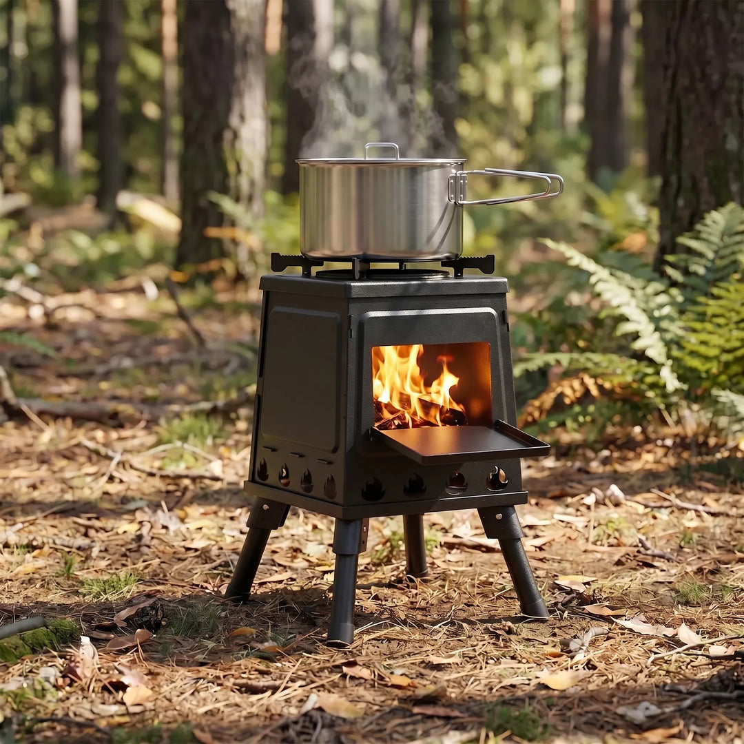 Compact folding camping stove for easy transport & outdoor cooking. Perfect for hiking, backpacking, and survival.