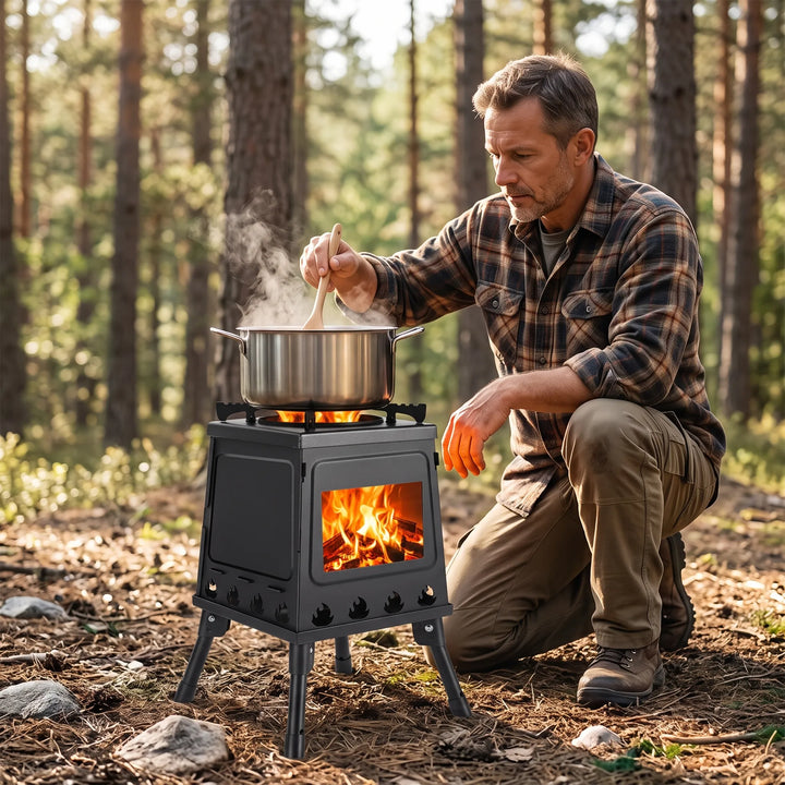 Portable wood & charcoal camping stove for versatile outdoor cooking. Essential gear for camp, hike, or survival.