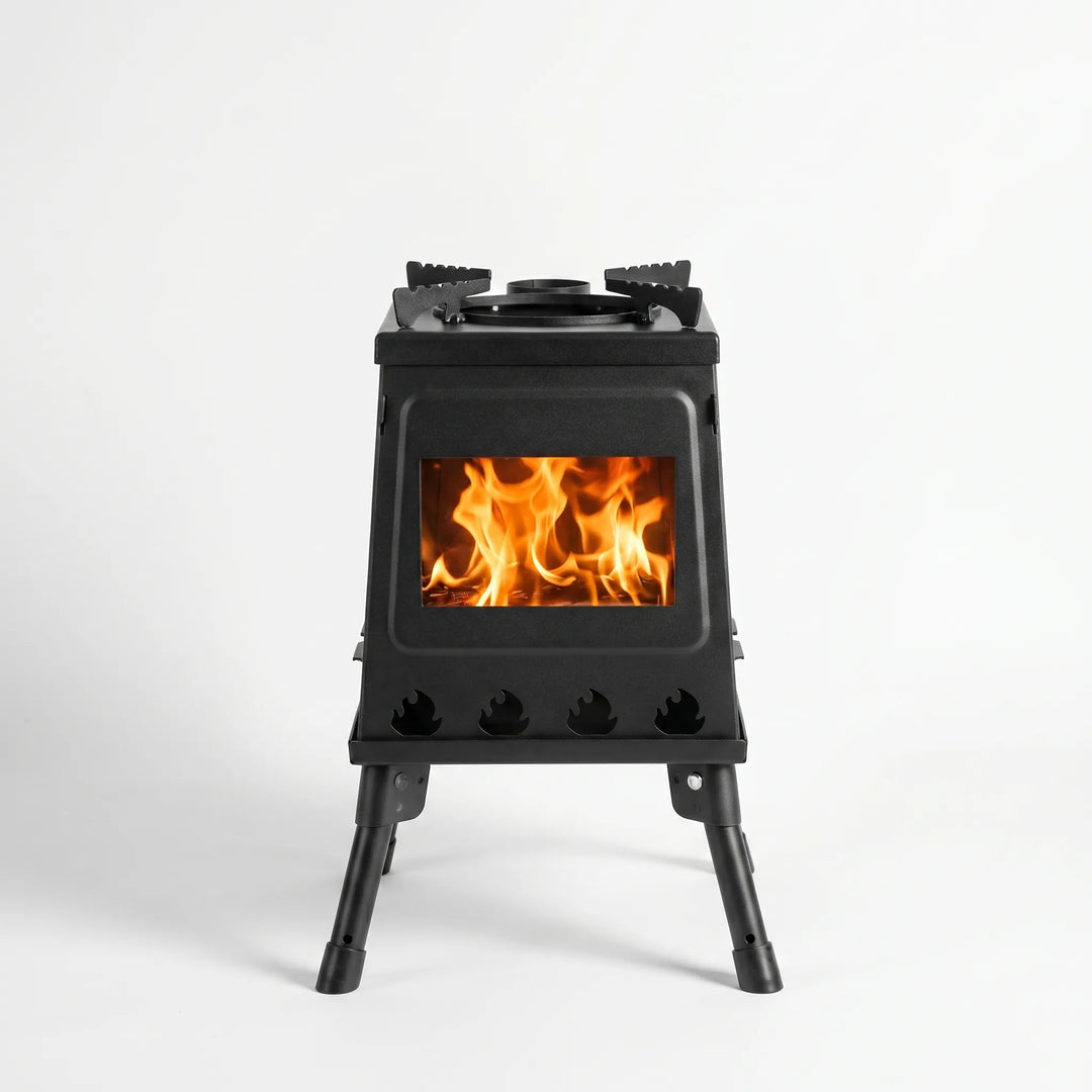 Setup view of a portable folding camping stove for outdoor cooking. Ideal for backcountry meals & camp essentials.