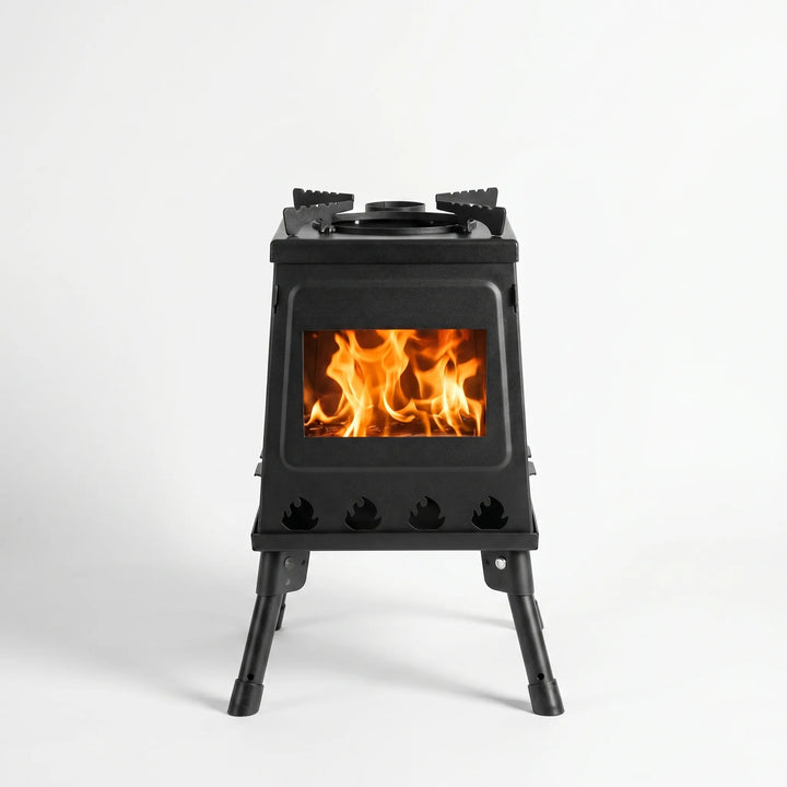 Durable folding camping stove for outdoor cooking, wood, or charcoal. Compact, lightweight, & portable hiking gear.