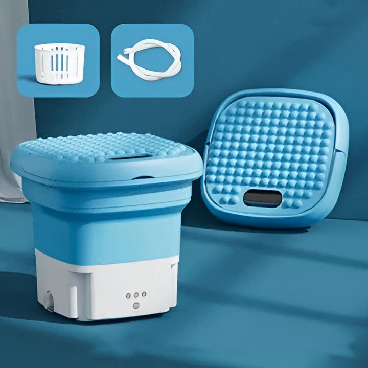 Compact folding mini washing machine for travel, ideal for delicate clothes & small laundry loads on the go.