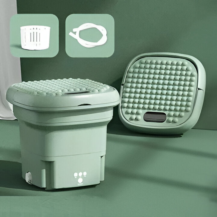 Space-saving folding mini washing machine for dormitory, RV, or apartment. Portable solution for small laundry loads.