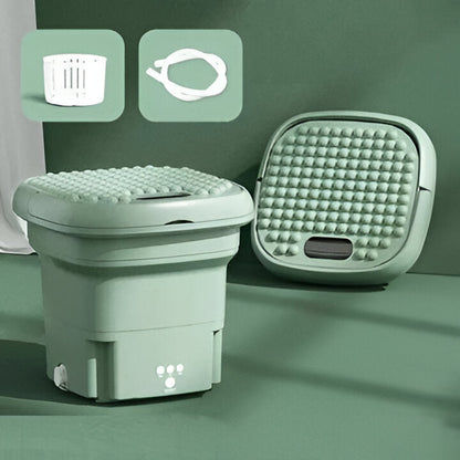 Space-saving folding mini washing machine for dormitory, RV, or apartment. Portable solution for small laundry loads.