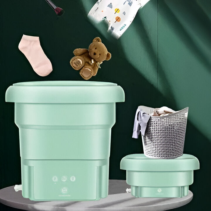 Efficient portable mini folding washing machine, perfect for travel, delicates, baby clothes & compact living spaces.