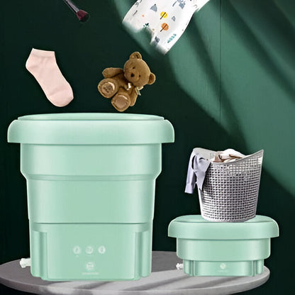 Efficient portable mini folding washing machine, perfect for travel, delicates, baby clothes & compact living spaces.