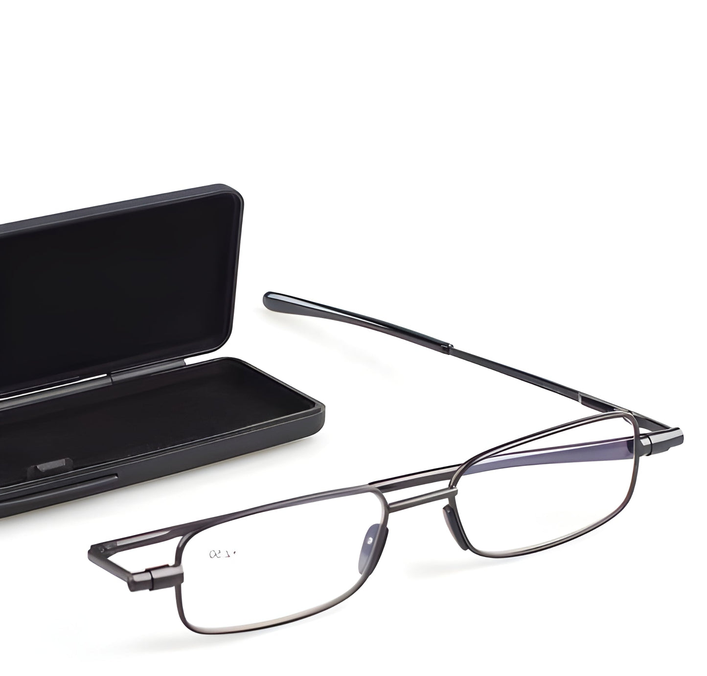 Compact gray unisex folding reading glasses for men & ladies, ideal portable eyewear. Stainless steel readers.