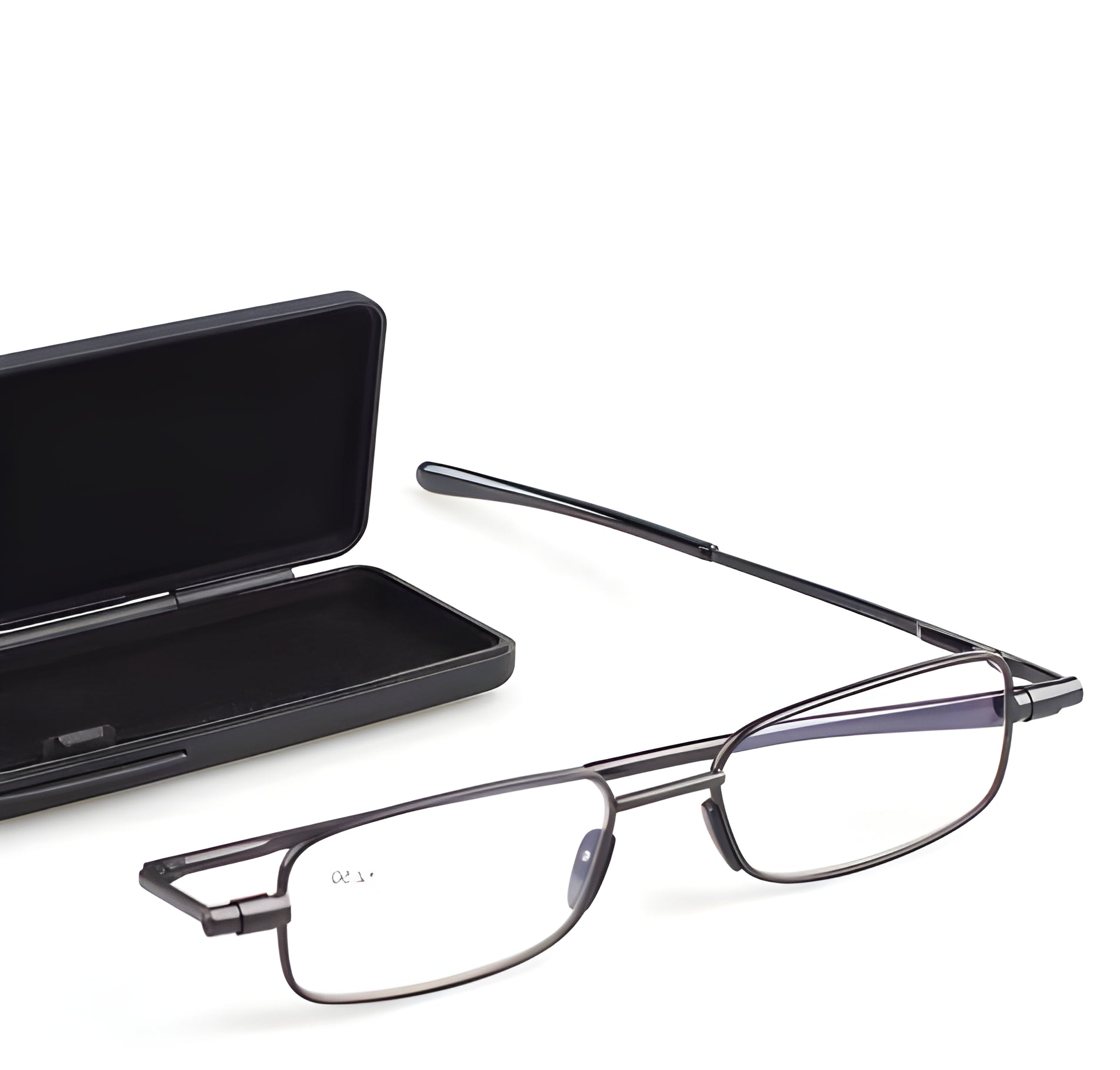 Compact gray unisex folding reading glasses for men & ladies, ideal portable eyewear. Stainless steel readers.