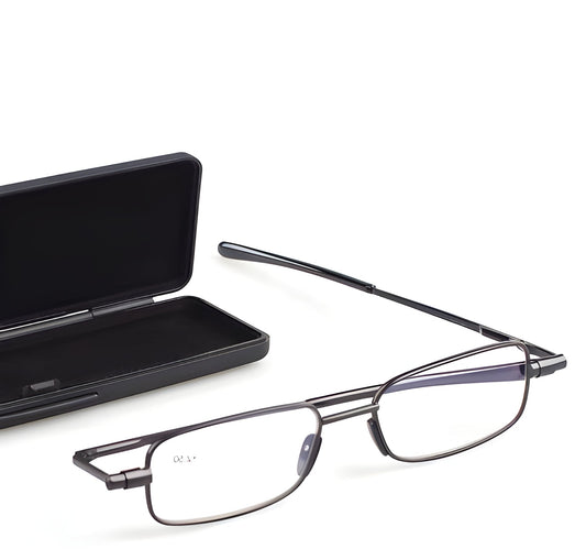 Compact gray unisex folding reading glasses for men & ladies, ideal portable eyewear. Stainless steel readers.