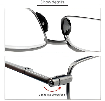 Stylish gray stainless steel unisex folding reading glasses. Compact design makes them ideal portable readers for all.