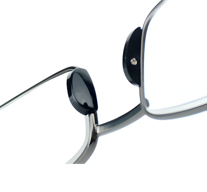 Folded gray unisex reading glasses, showcasing compact portable design. Stainless steel readers, easy travel accessory.