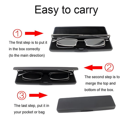 Unisex compact folding reading glasses in gray. Portable stainless steel eyewear for men & ladies, ideal travel readers.
