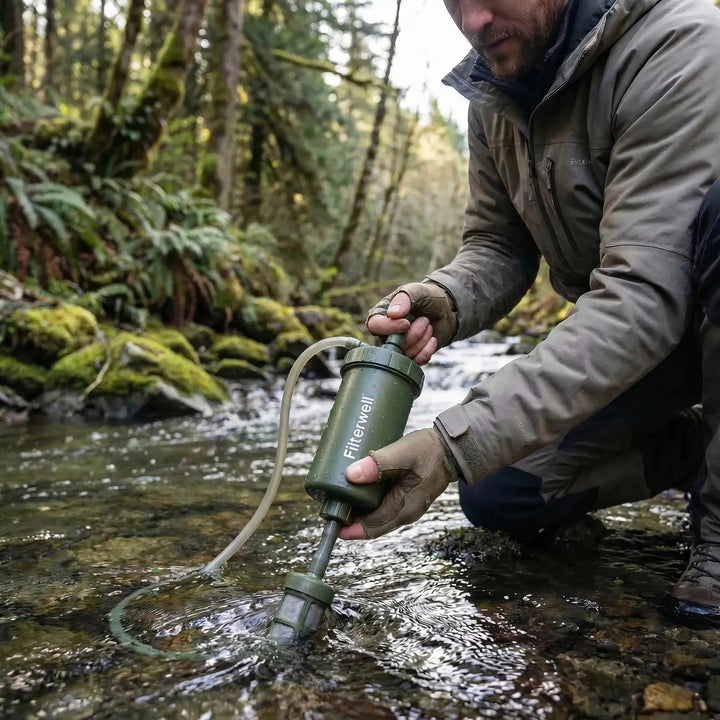 Compact hand pump water filter for camping & hiking. Portable outdoor gear for safe wilderness hydration.