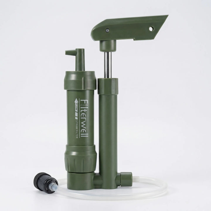 Portable hand pump water filter, ideal for survival & emergency kits. Essential compact outdoor hydration purifier.