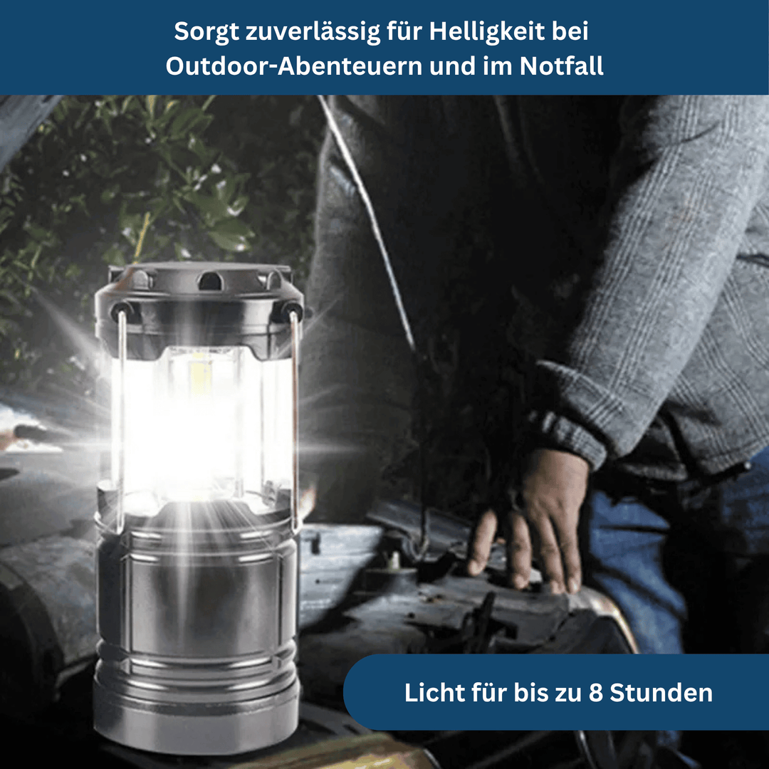 Portable LED camping lantern, battery-powered, ideal for hiking, camping, and emergency lighting