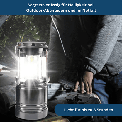 Portable LED camping lantern, battery-powered, ideal for hiking, camping, and emergency lighting