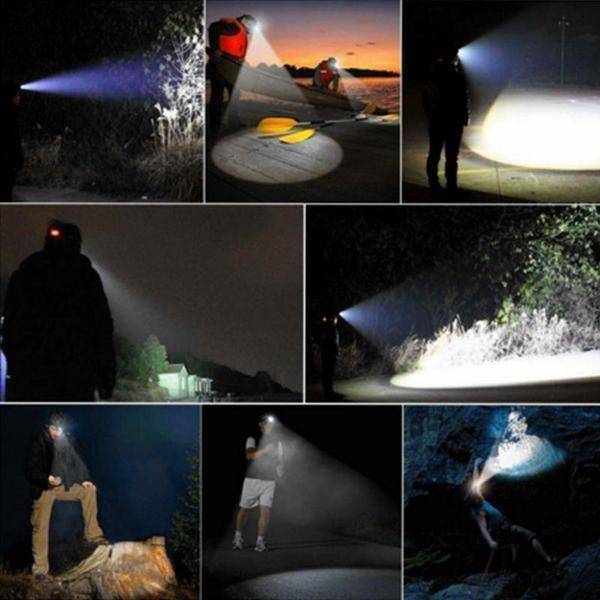 Angle view of ergonomic unisex LED headlamp torch, a must-have for outdoor adventure and survival gear