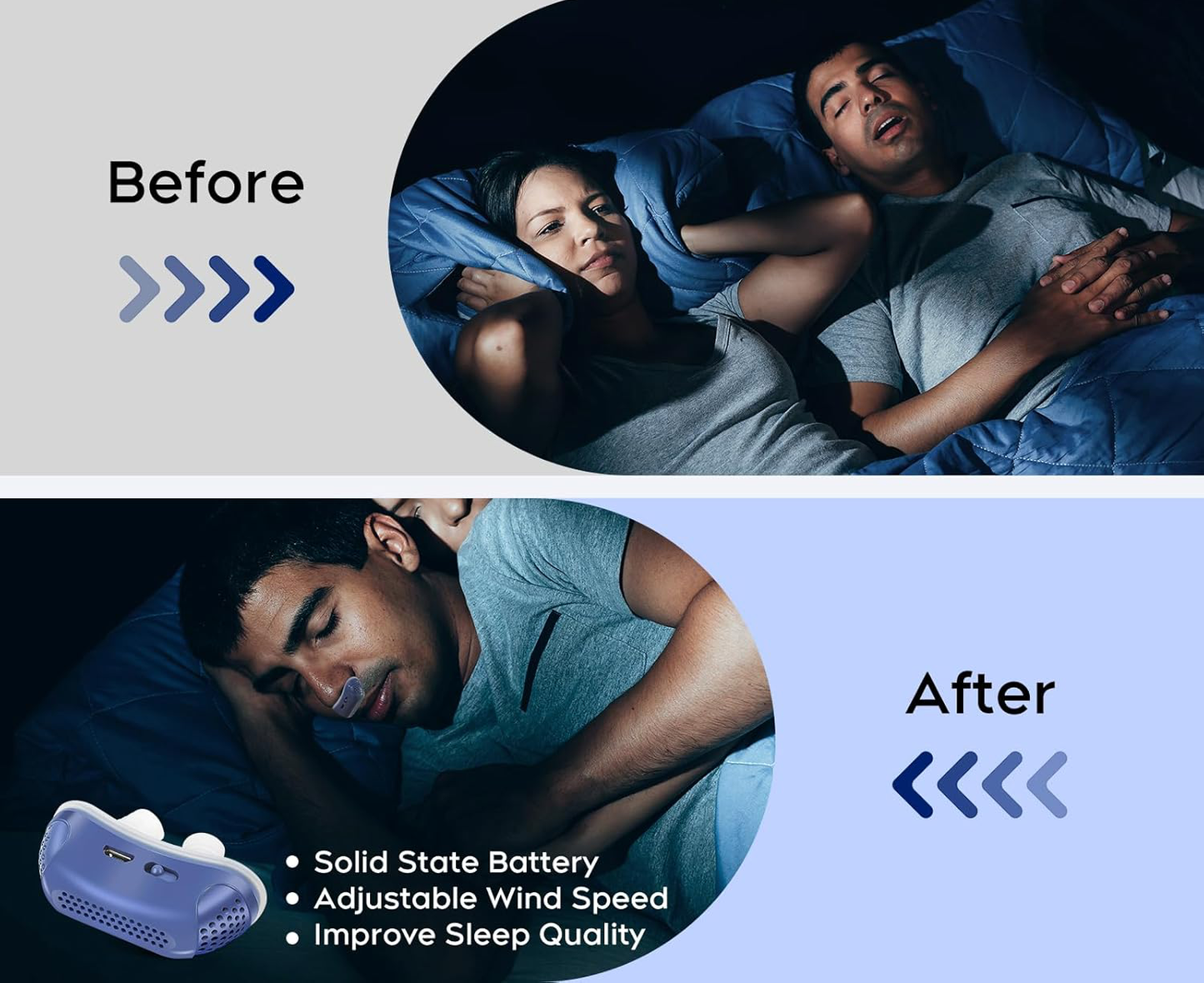 Small, quiet sleep apnea device for snoring relief. A non-invasive breathing aid for restorative sleep.