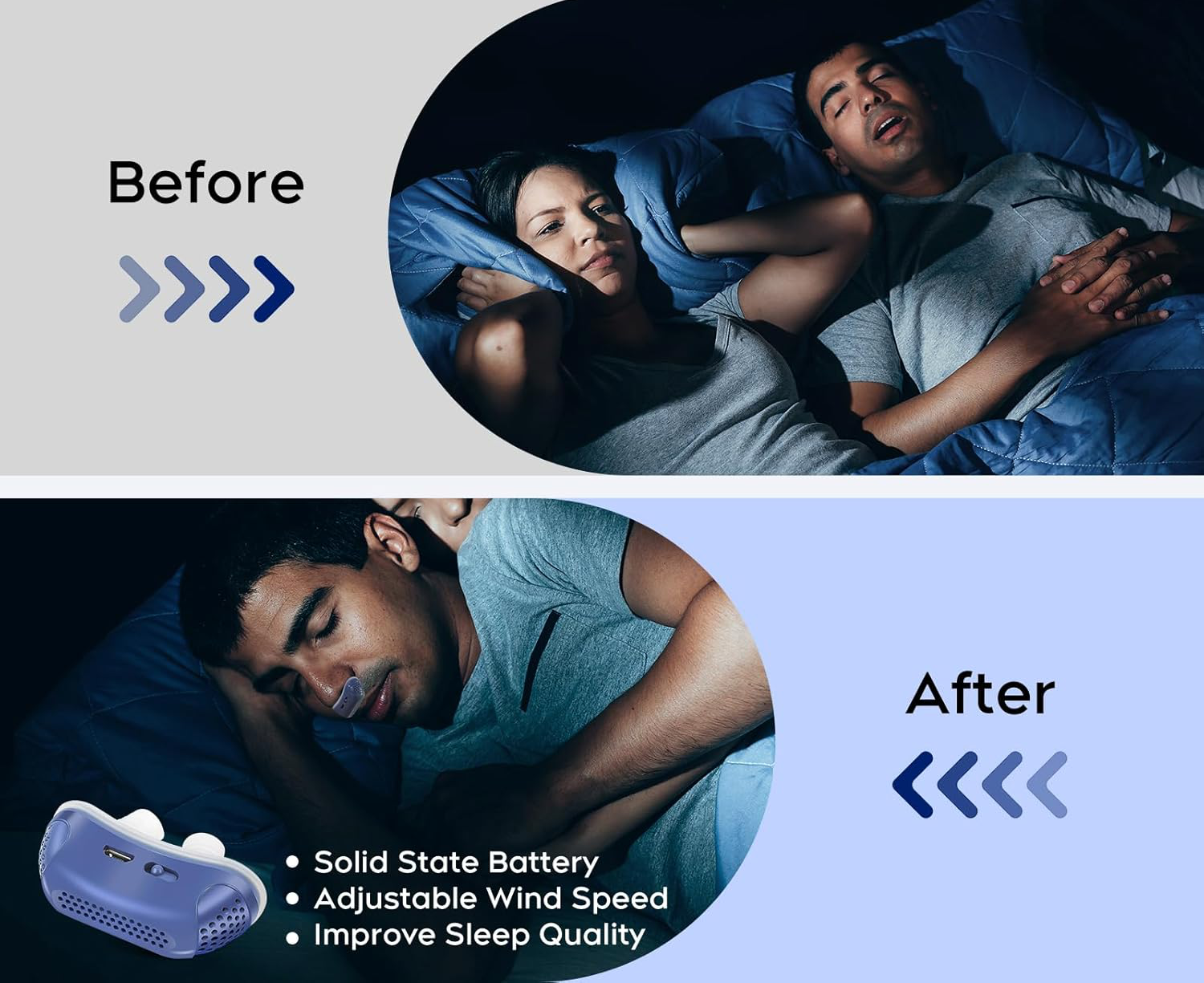 Small, quiet sleep apnea device for snoring relief. A non-invasive breathing aid for restorative sleep.