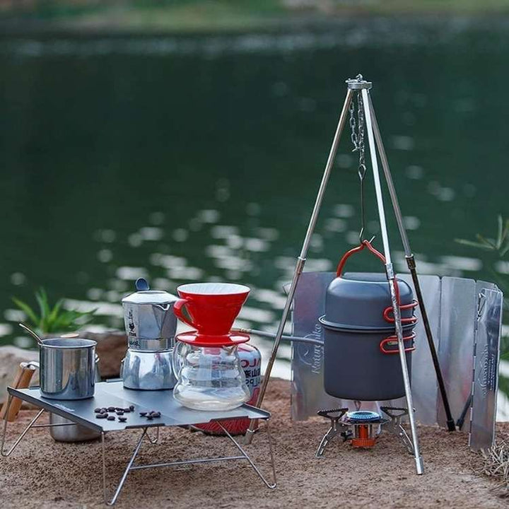 Compact outdoor camping cookware set, silver, nesting pots and pans with handles for backpacking