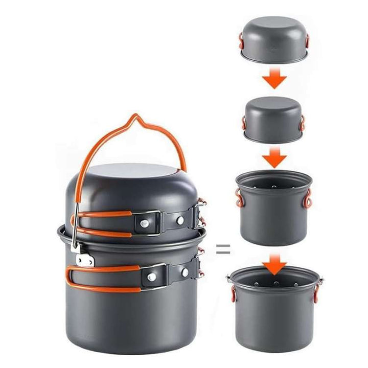 Hiking and backpacking cookware set, space-saving design with carrying bag, essential for camping