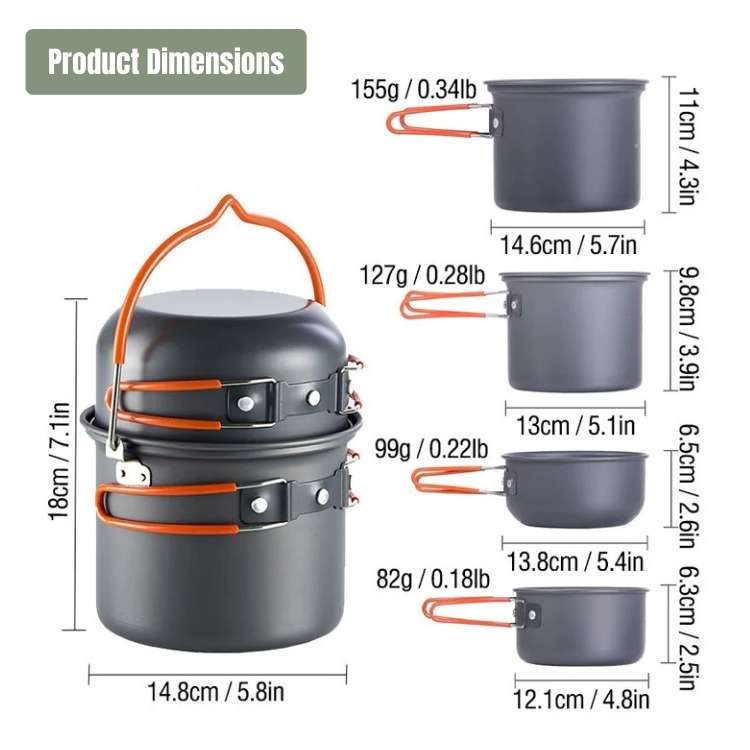Portable camping kitchenware, sturdy pots and pans with heat-resistant handles for outdoor cooking