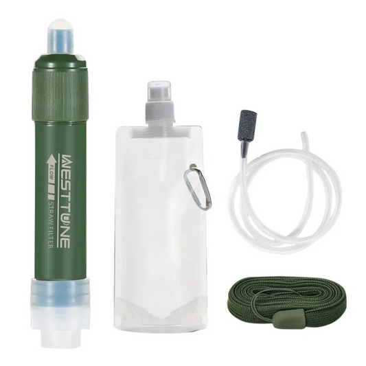 Compact outdoor water filter straw for camping and hiking hydration, shown with protective caps.