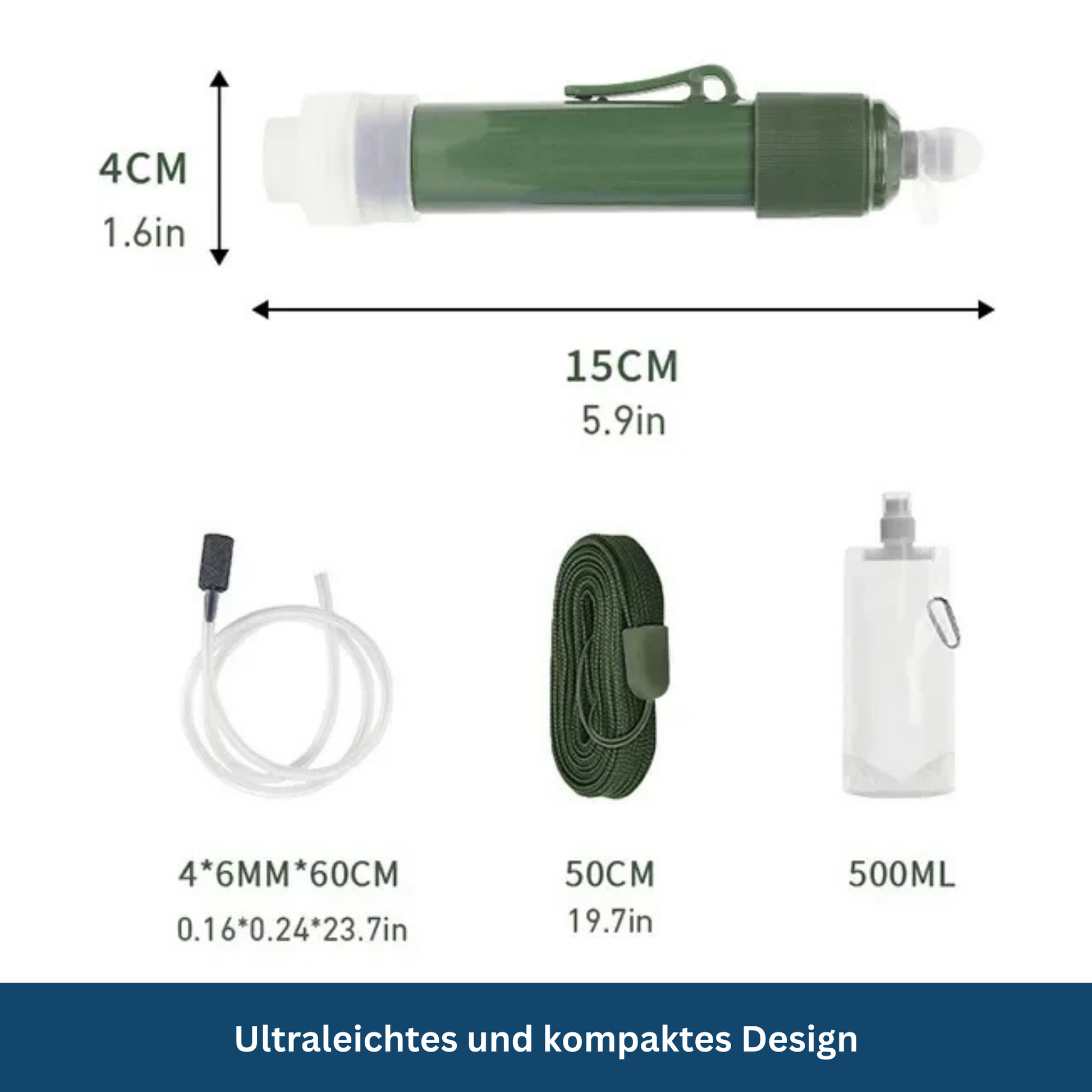 Outdoor gear: compact water filter straw with lanyard, ready for immediate use during hiking.