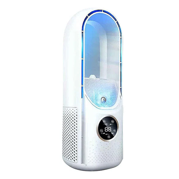 Compact portable air conditioner for desk or bedroom, silent and bladeless design.