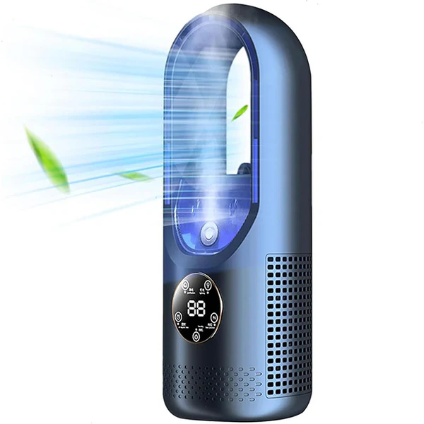 Mini AC unit, USB powered for personal cooling in home office, quiet operation.