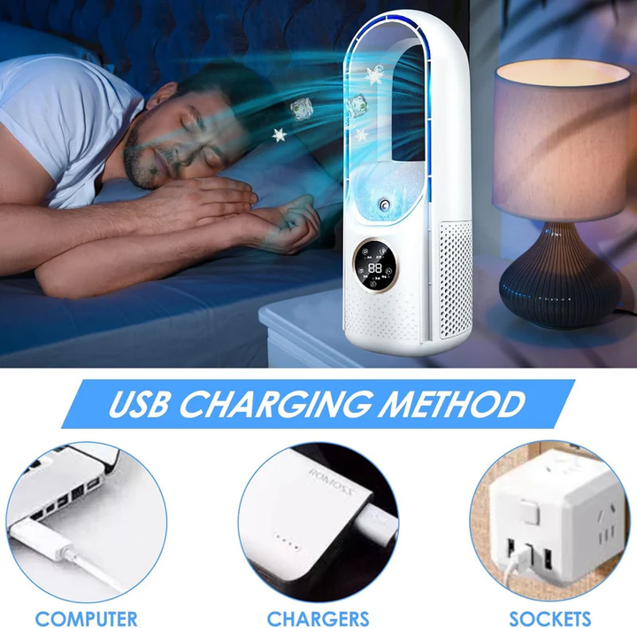 Portable mini air conditioner, compact & silent personal cooler for home and travel.