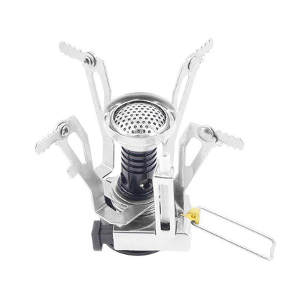 Compact portable camping stove with piezo ignition, ideal for outdoor cooking, hiking, and travel