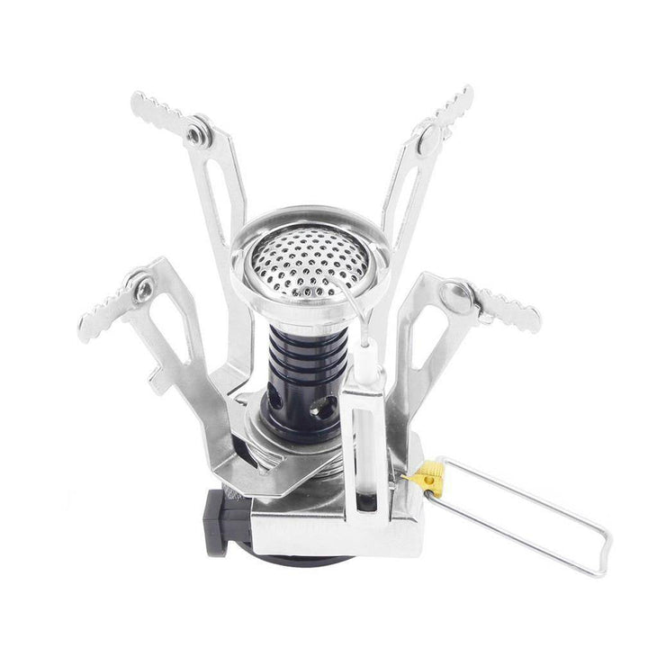 Compact portable camping stove with piezo ignition, ideal for outdoor cooking, hiking, and travel