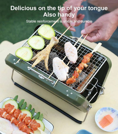 Outdoor cooking equipment, a portable folding charcoal grill for campers and adventurers.