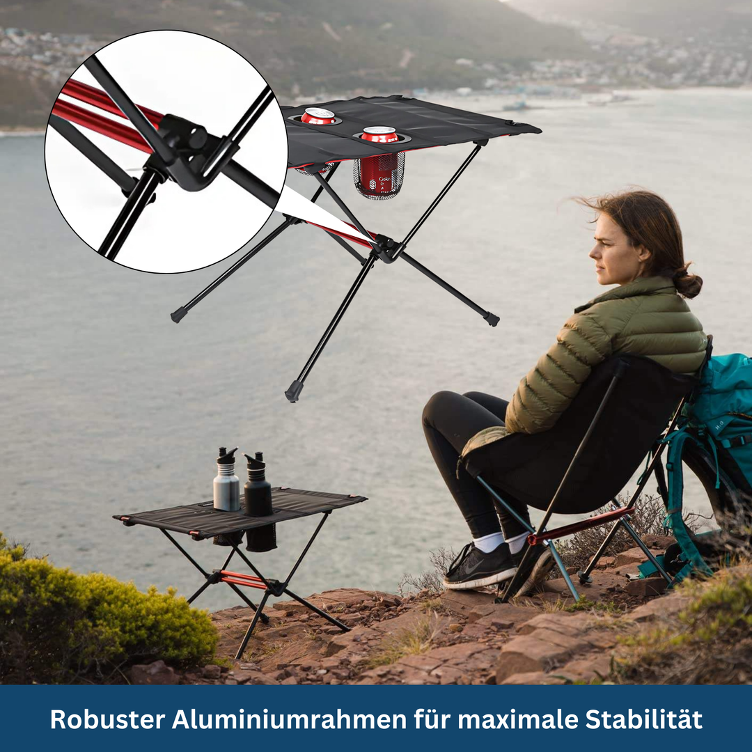 Compact folding table for camping, convenient & sturdy for all outdoor activities.