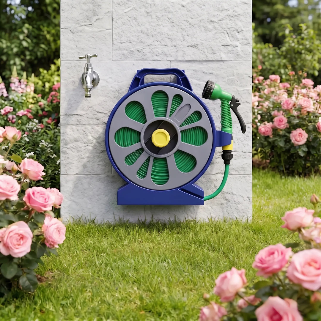 Portable garden hose reel with flat hose, ideal for compact storage and efficient yard maintenance.