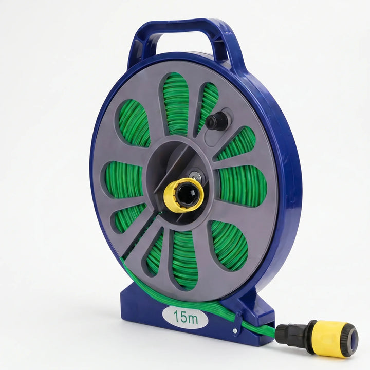 Portable hose reel for home garden irrigation, featuring a compact design for easy storage and transport.