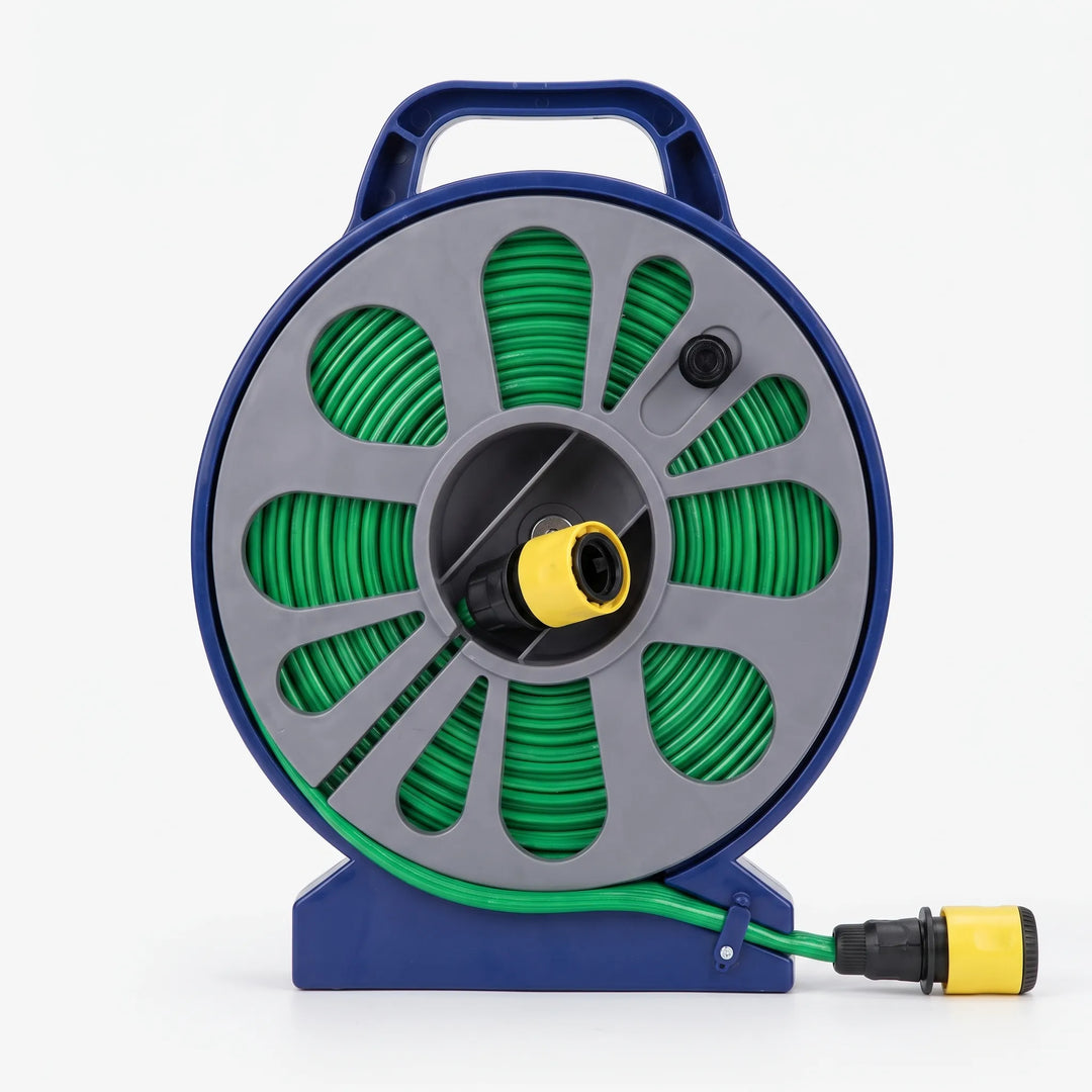 Portable garden hose reel for effortless lawn care, compact design ensures easy handling and storage.
