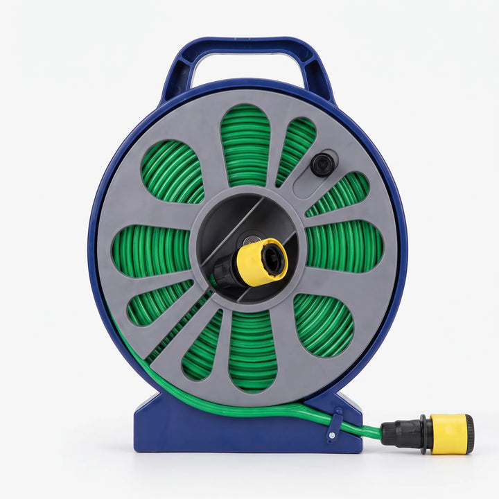 Portable garden hose reel for effortless lawn care, compact design ensures easy handling and storage.