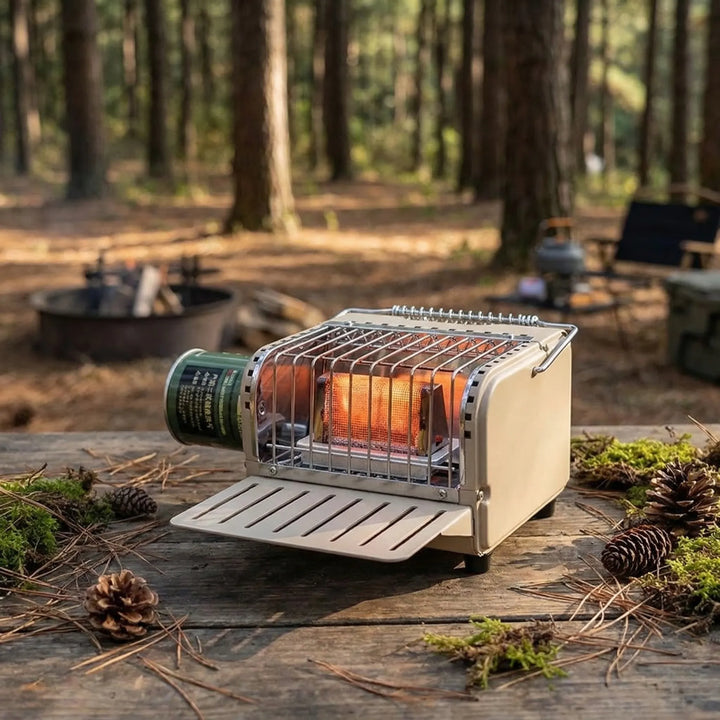Compact portable gas heater for outdoor camping & fishing trips. Radiant heat keeps you warm in winter.